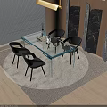 Modern Glass Dining Table With Black Chairs On Round Rug Near Window Blinds