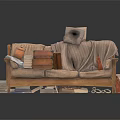 Single Sofa Covered With Blanket Suitcase Books And Shoes On And Around