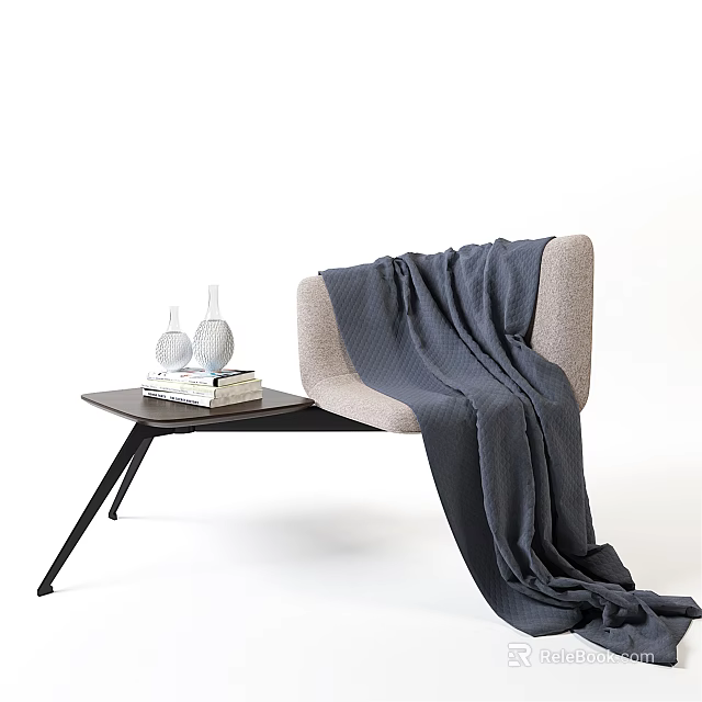 Light Gray Chaise Lounge Featuring Dark Blue Blanket Side Table With Vases And Books 3d model 