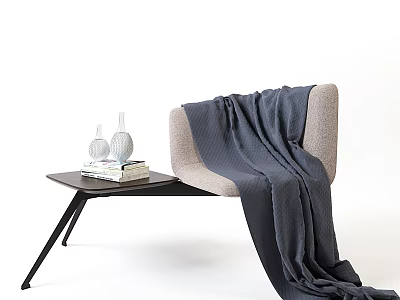 Light Gray Chaise Lounge Featuring Dark Blue Blanket Side Table With Vases And Books 3d model