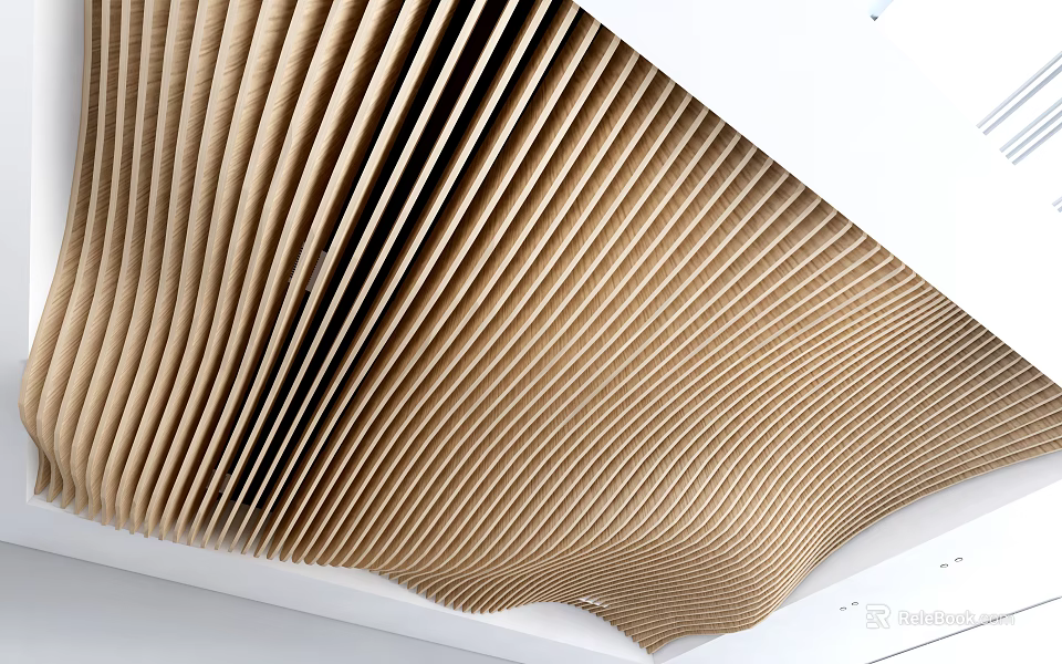 Modern Interior Ceiling Design Featuring Wavy Light Brown Wooden Slats 3d model