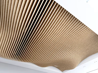 Modern Interior Ceiling Design Featuring Wavy Light Brown Wooden Slats 3d model