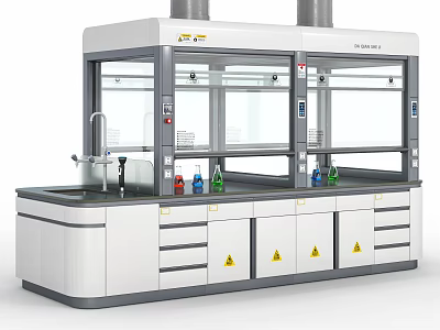 Modern Laboratory Fume Hood Setup With Chemical Bottles Faucet Drawers Cabinets and Warning Signs 3d model