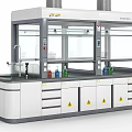 Modern Laboratory Fume Hood Setup With Chemical Bottles Faucet Drawers Cabinets and Warning Signs