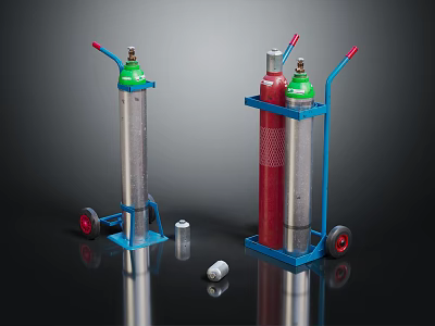Commercial Equipment Blue Trolleys With Red And Silver Gas Cylinders Green Top And Red Wheels 3d model