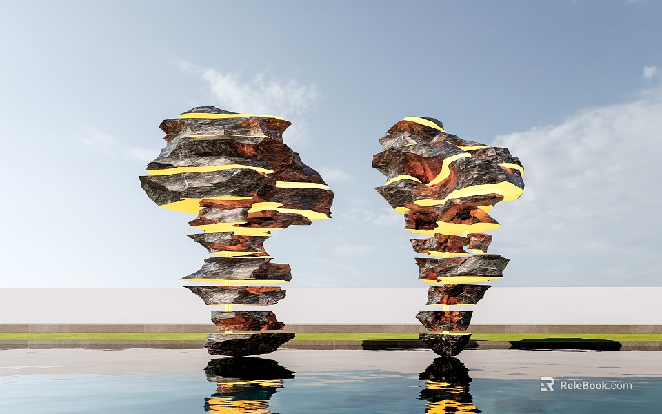 Stone Wood Spiral Stacked Sculptures With Glowing Light And Water Pool Reflection 3d model 