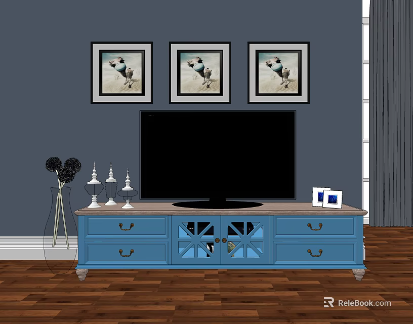 Blue TV Stand with Drawers Glass Doors TV and Decorations on Gray Wall Wooden Floor 3d model 