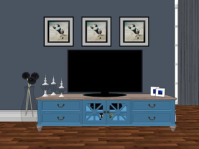 Blue TV Stand with Drawers Glass Doors TV and Decorations on Gray Wall Wooden Floor 3d model