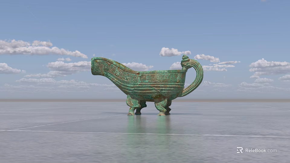 Ancient Style Ceramic Ware With Intricate Patterns And Unique Shape On Water Surface 3d model 