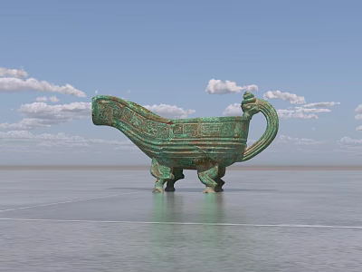Ancient Style Ceramic Ware With Intricate Patterns And Unique Shape On Water Surface 3d model