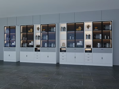 Modern Bookcase Design With Glass Doors Built-in Lighting And Storage Shelves 3d model