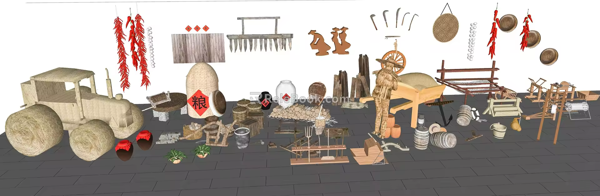 Chinese-style farm tools rural landscape sketches folk-custom objects farming old objects rural culture rural production tools wine jar 3d model