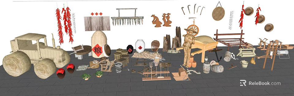 Vintage Industrial Equipment Collection With Plow Windmill Hoe Sickle And Grain Sacks 3d model 