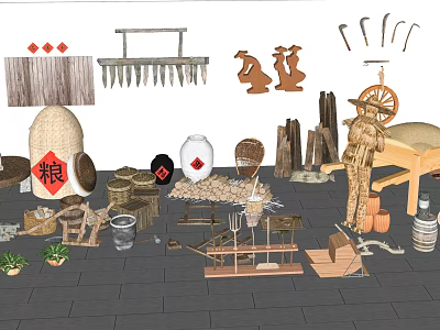 Vintage Industrial Equipment Collection With Plow Windmill Hoe Sickle And Grain Sacks 3d model