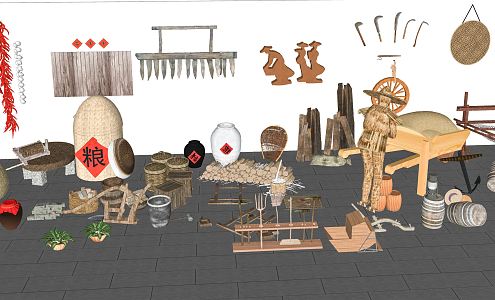 Chinese-style farm tools rural landscape sketches folk-custom objects farming old objects rural culture rural production tools wine jar 3d model