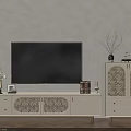 Elegant White TV Stand With Curved Decorative Doors Matching Cabinet And Wall Mounted TV