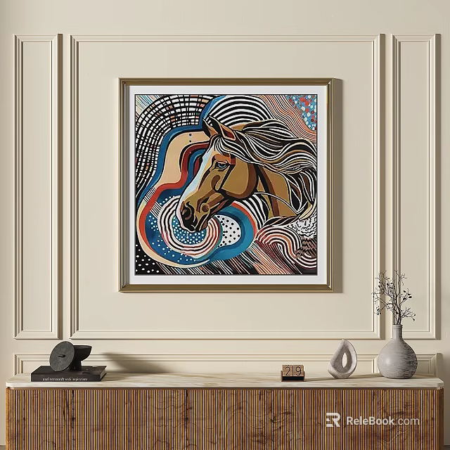 Abstract Horse Head Painting With Striped Mane Curved Lines Golden Frame 3d model 