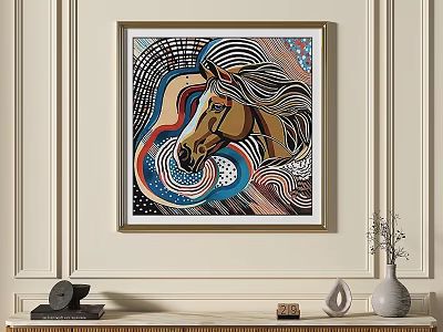 Abstract Horse Head Painting With Striped Mane Curved Lines Golden Frame 3d model