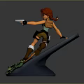 Pink Haired Female Adventurer Crouching On Rocky Platform Holding Pistol With Lush Green Plants