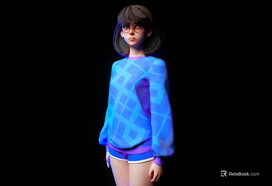 Woman With Short Hair And Glasses In Blue Checkered Sweater And Shorts On Black Background 3d model 