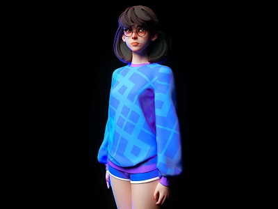 Woman With Short Hair And Glasses In Blue Checkered Sweater And Shorts On Black Background 3d model