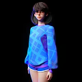 Woman With Short Hair And Glasses In Blue Checkered Sweater And Shorts On Black Background