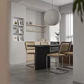 Modern Public Office Space With Wooden Desk Gray Office Chairs Hanging Lights And Window Blinds