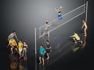 Group of People Playing Volleyball with Net and Spiking Actions Together 3d model