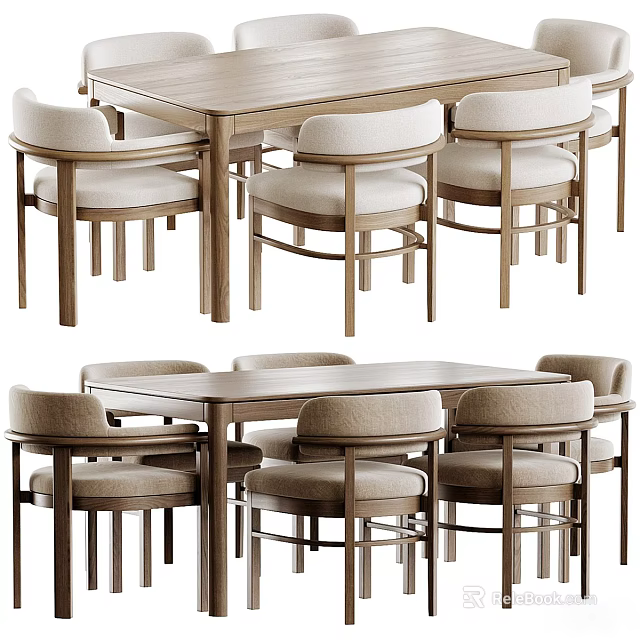 Modern Wooden Dining Chairs With Upholstered Seats And Matching Table Set 3d model 