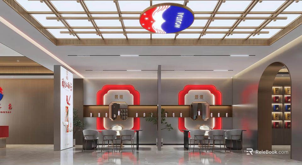 TANIA Tea Shop Interior With Red Decor Wooden Ceiling Counter And Tables 3d model 