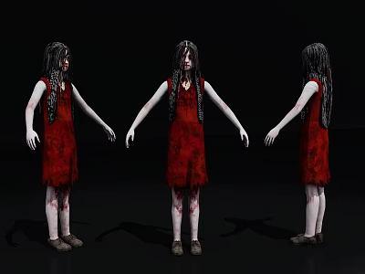 Scary Zombie Girl Character With Red Dress Long Hair Blood Stains And Three Angles 3d model