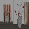 Modern Minimalist Marble Textured Vase With Red Floral Branches On Wooden Slat Wall