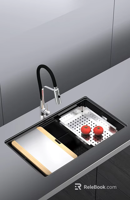 Modern Stainless Steel Kitchen Sink With Black Faucet Drainer Rack And Wooden Cutting Board 3d model 