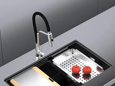 Modern Stainless Steel Kitchen Sink With Black Faucet Drainer Rack And Wooden Cutting Board 3d model