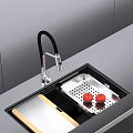 Modern Stainless Steel Kitchen Sink With Black Faucet Drainer Rack And Wooden Cutting Board