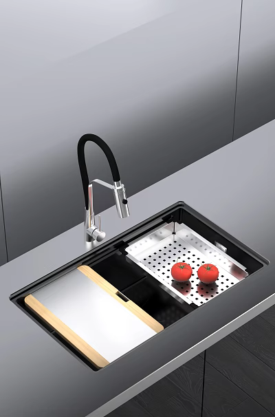 Modern Stainless Steel Kitchen Sink With Black Faucet Drainer Rack And Wooden Cutting Board 3d model