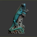 Green Lizard Detailed Sculpture Perched on Textured Tree Stump Against Dark Background