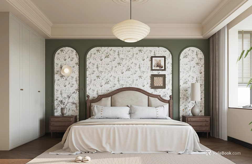 Elegant Bedroom Interior With Green Walls Floral Headboard Wall Wooden Bed And White Linens 3d model 
