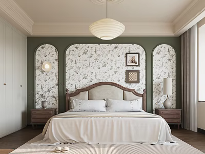 Elegant Bedroom Interior With Green Walls Floral Headboard Wall Wooden Bed And White Linens 3d model