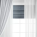 Gray Textured Curtains With White Sheer Layers And Window Roller Blind Design 3d model