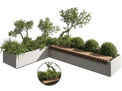 Bonsai Potted Plants In Concrete Planters With Wooden Frames And Green Shrubs 3d model