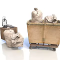 Vintage Household Supplies With Wheeled Cart Wooden Box Sacks Cloths And Lantern