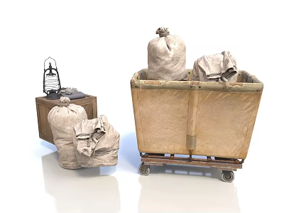 Vintage Household Supplies With Wheeled Cart Wooden Box Sacks Cloths And Lantern 3d model