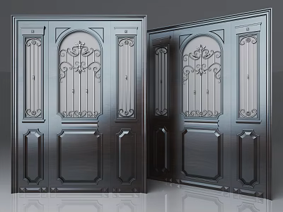 Classic Wooden Double Doors With Ornate Carvings And Glass Panels 3d model