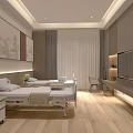 Modern Hospital Room Interior With Two Beds Bedside Tables Chair TV And Decorative Paintings