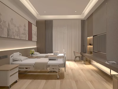 Modern Hospital Room Interior With Two Beds Bedside Tables Chair TV And Decorative Paintings 3d model