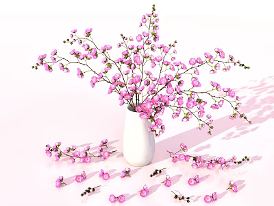 Pink Flowers In White Vase With Scattered Blooms And Shadows On Light Pink Background 3d model