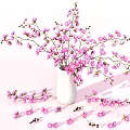 Pink Flowers In White Vase With Scattered Blooms And Shadows On Light Pink Background