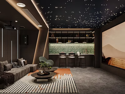 Modern Home Theater Interior With Starry Ceiling Sofa Bar Counter And Projector Screen 3d model