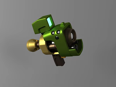 Green Mechanical Weapon Structure Featuring Golden Components Black Base And Compact Muzzle Design 3d model